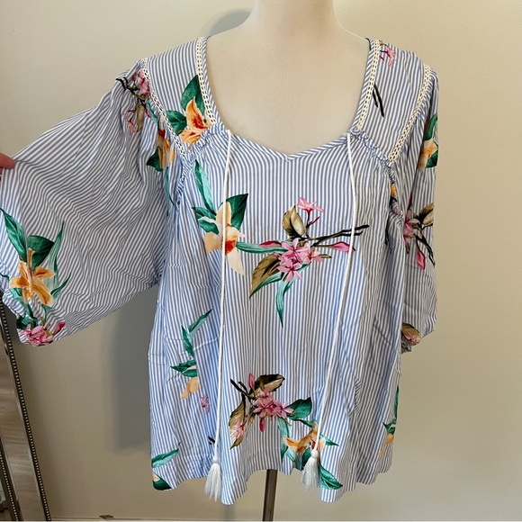 Oddi Tops - Oddi Blue Stripe Floral Peasant Blouse 1X Tassel Tie top shirt boho